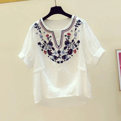 White Loose Embroidery Floral V-Neck Blouse