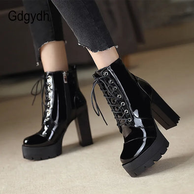 Thick High Heeled Female Patent Leather Ankle Boots