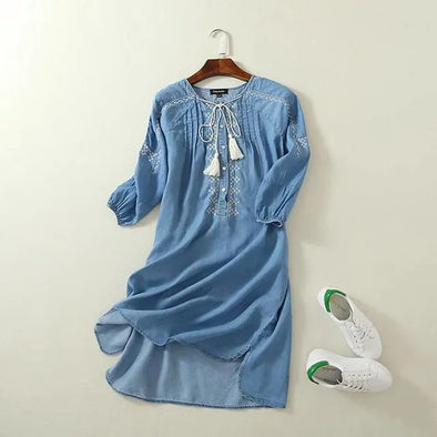 Embroidery Denim Dresses Women Casual Shirt Dress