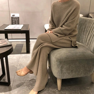 Warm Knitted Pullover Sweater +High Waist Loose Wide Leg Pants Set