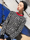 Contrast Collar Leopard Knitted Pullover