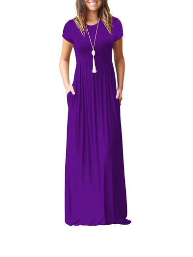 Short Sleeve O-Neck Long Maxi Dress with Pockets