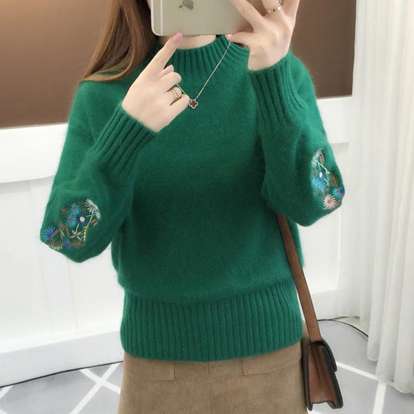 Stand Collar Solid Color Embroidery Sweater